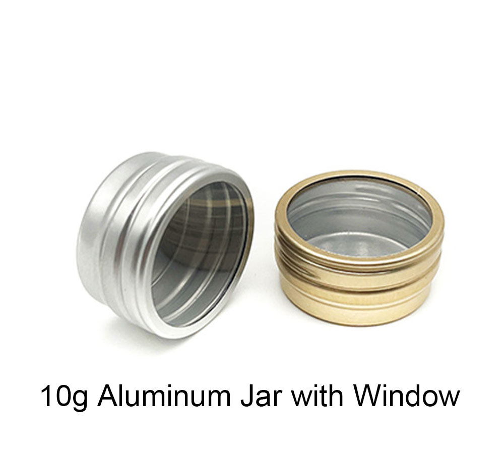 This 10g container with a PVC window is normally made of a 0.3mm-thickness aluminum sheet, with a size of Dia33* H16 mm, it can be thicker according to the customers' requirement. Its opening is smooth and strong enough. It can be decorated as silk screen printing, offset printing, labeling, lasering, hot stamping, or plated coating. There are 500+ existing metal bottles here, contact us for free samples and more information.