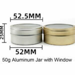 This 50ml glossy gift container with a PVC window is normally made of a 0.3mm-thickness aluminum sheet, with a size of Dia52* H25 mm and a plastic liner, it can be thicker according to the customers' requirements. Its opening is smooth and strong enough. It can be decorated as silk screen printing, offset printing, labeling, lasering, hot stamping, or plated coating. There are 500+ existing metal bottles here, contact us for free samples and more information.