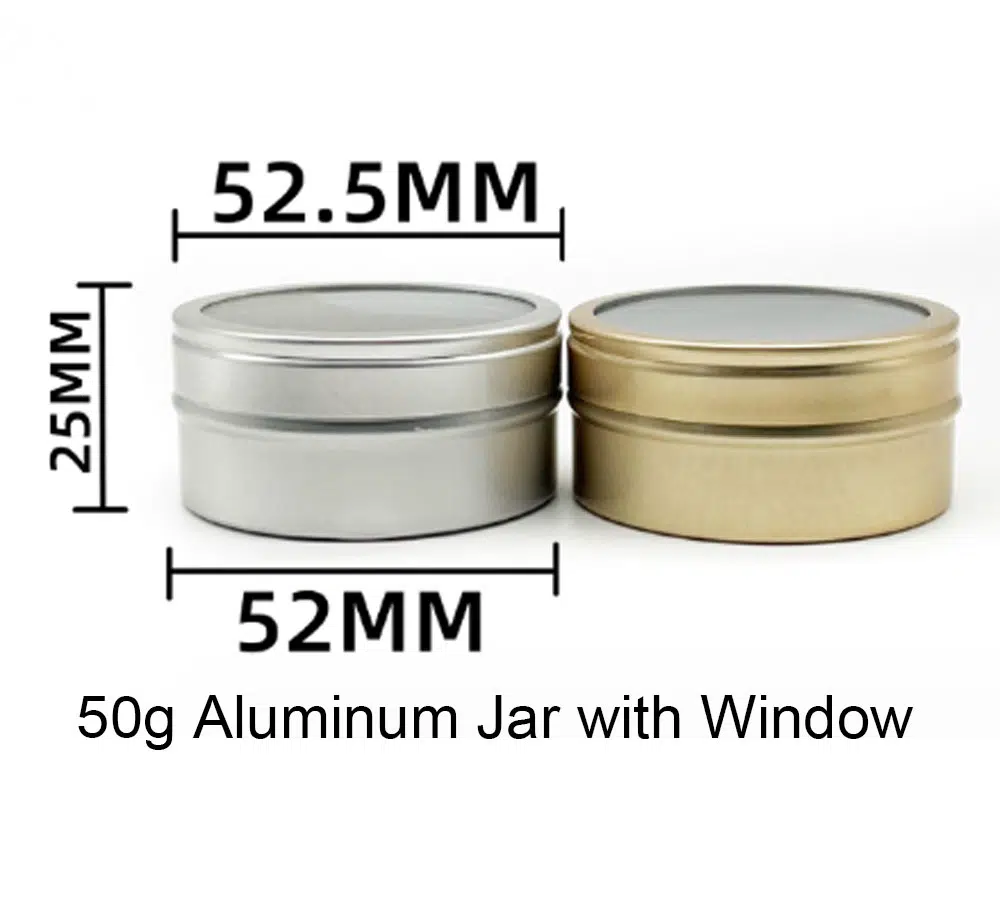 This 50ml glossy gift container with a PVC window is normally made of a 0.3mm-thickness aluminum sheet, with a size of Dia52* H25 mm and a plastic liner, it can be thicker according to the customers' requirements. Its opening is smooth and strong enough. It can be decorated as silk screen printing, offset printing, labeling, lasering, hot stamping, or plated coating. There are 500+ existing metal bottles here, contact us for free samples and more information.